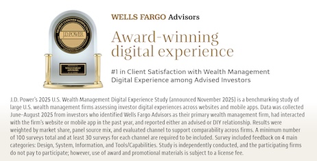 Wells Fargo Advisors graphic highlighting a JD Power award for award‑winning digital experience.