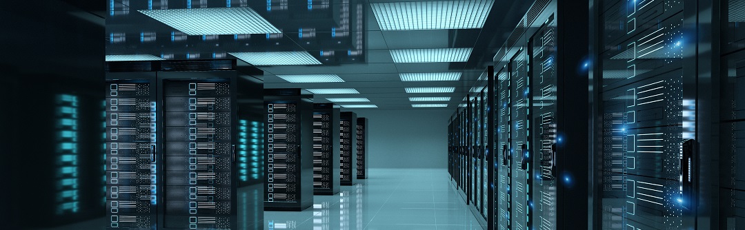 Rows of storage systems in darkened server center room