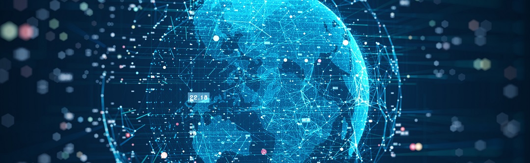 Rendering of global data network connections over transparent image of earth