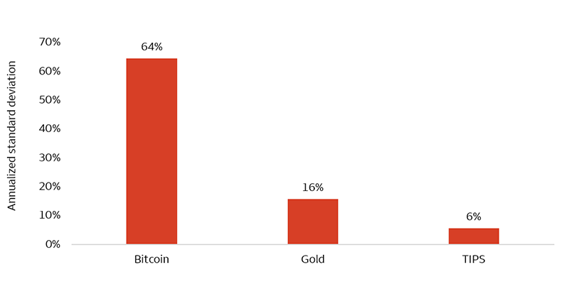 The chart shows annualized volatility, measured as annualized standard deviation, for three traditional inflation hedges from January 2014 to September 2026. Bitcoin's volatility of 64% is far higher than gold's 16% and Treasury Inflation-Protected Securities (TIPS) 6%.