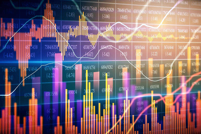 artistic representation of correlation table behind line and bar charts