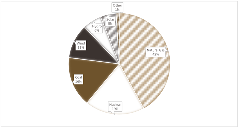 The chart shows the percentage of net electricity generated by source during full-year 2024 as follows: Natural gas: 42%; Nuclear: 19%; Coal: 16%; Wind: 11%; Hydro: 6%; Solar: 5%; Other: 1%