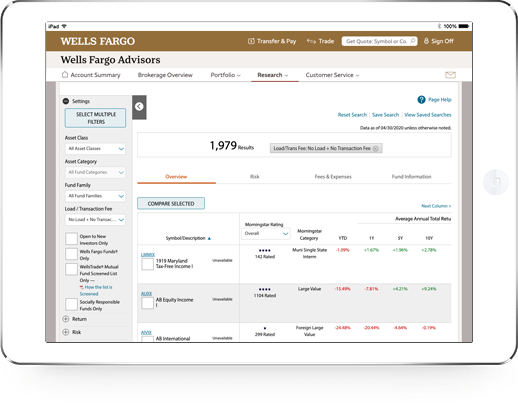 Animation showing tools, including the Mutual Fund Screener, Stock Screener, and the Easy Investing Tool