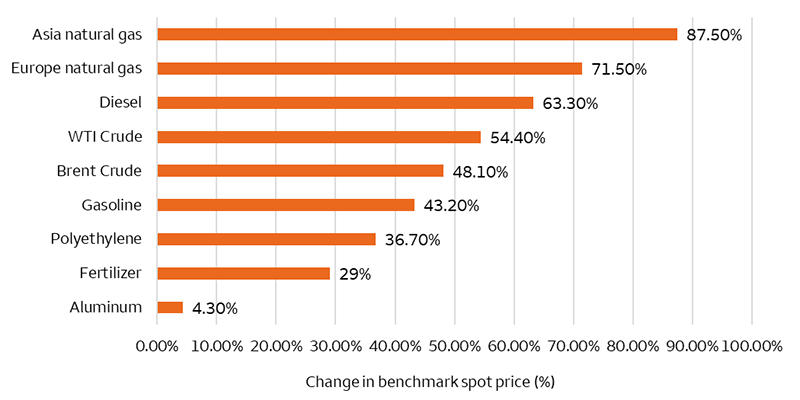 Since February 27, 2026, commodity and intermediate goods in selected sectors have increased by the following amounts: Aluminum (+4.3%), Fertilizer (+29.0%), Polyethylene (+36.7%), Gasoline (+43.2%), Brent crude (+48.1%), WTI crude (+54.4%), Diesel (+63.3%), Europe natural gas (+71.5%), and Asia natural gas (+87.5%).