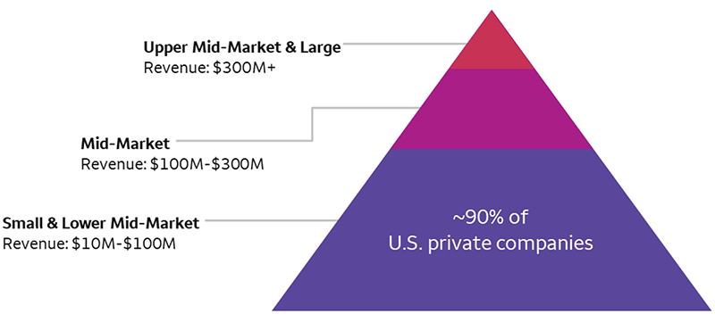 The pyramid chart highlights the size of the overall private equity – buyout market, categorizing the companies into three segments, including Upper-mid market and large; mid market; and small- and lower-mid market. The upper-mid-market and large segment is comprised of approximately 5,000 companies with revenues greater than $300 million. The mid-market segment is comprised of approximately 9,000 companies with revenues between $100 million and $300 million. The small- and lower-mid-market segment is comprised of approximately 113,000 companies with revenues between $10 million and $100 million, and it accounts for roughly 90% of the entire universe of private companies in the U.S.