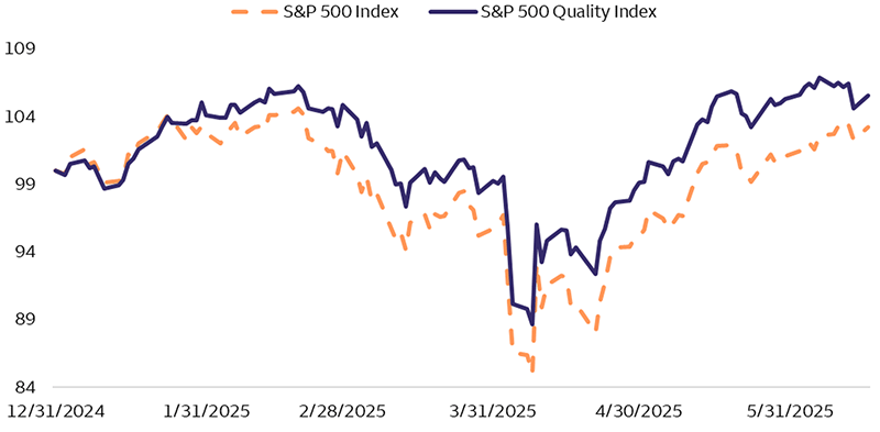 This line graph shows the year-to-date return of the S&P 500 Quality Index and the S&P 500 Index indexed to 100. In it, we see that the S&P 500 Quality Index has outperformed the S&P 500 Index starting January 2025 through June 9, 2025, showing that quality has outperformed year-to-date.