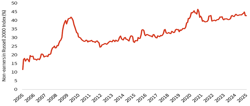 This line graph shows the percentage of non-earners in the Russell 2000 from July 31, 2005, to July 21, 2025. In it, we see that the percentage of non-earners in the Russell 2000 Index has been steadily increasing, rising from about 11% in 2005 to 42% in 2025.