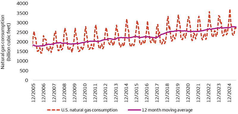 This line chart shows natural gas consumption over the past 20 years.  In it we see that consumption is highly seasonal rising in the winter months, as the cold weather sets in, before peaking and falling in spring as temperatures warm.