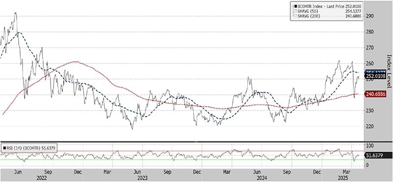 The three-year chart shows that the Bloomberg Commodity Total Return Index (at 252 on April 22, 2025) is in a short-term uptrend, with the 50-day moving average (254) above the 200-day moving average (241). The relative strength index (52) in the panel below is neither overbought nor oversold.