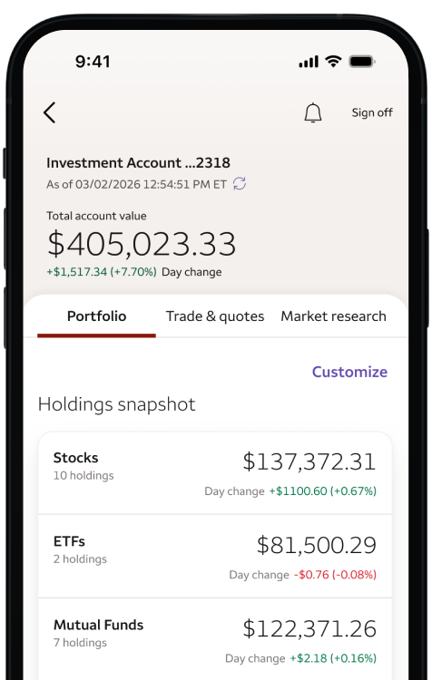 simulated phone screen displaying investment account portfolio performance
