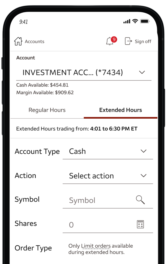 simulated phone screen displaying extended hours trading