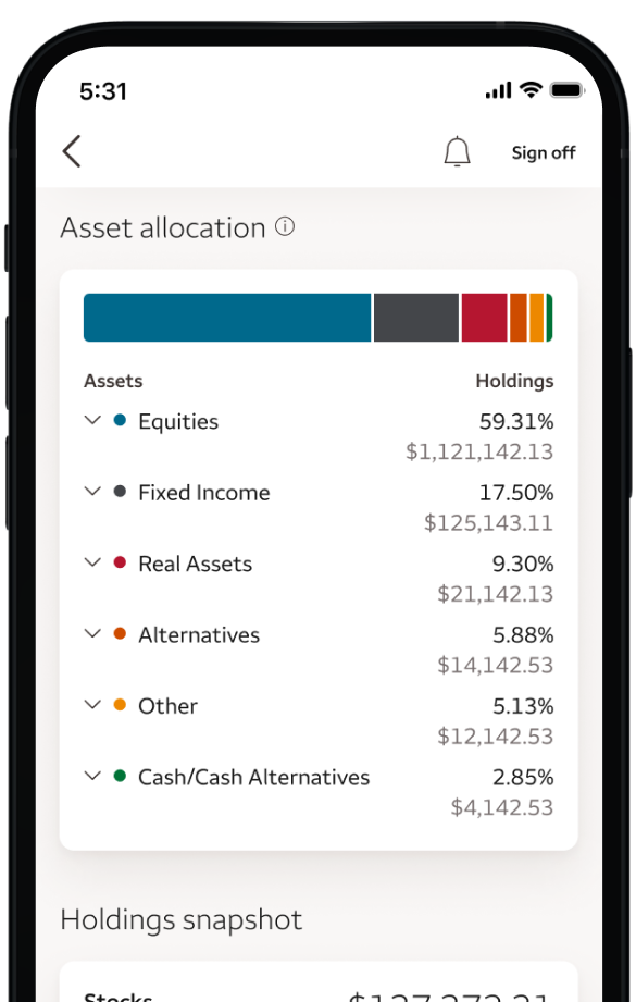 simulated phone screen displaying asset allocation