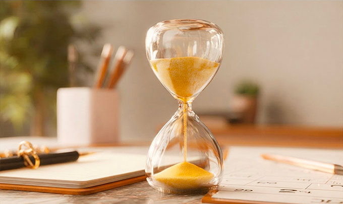 Hourglass with golden sand on a desk beside a notebook, calendar and pencil.