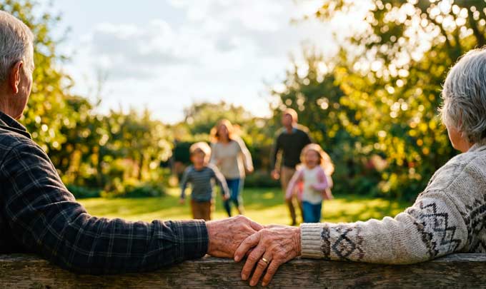 Two older adults holding hands while watching several adults and children outdoors in a sunlit garden.