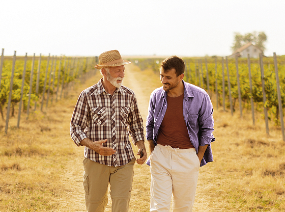 Father and adult son have a conversation while walking through a vineyard.