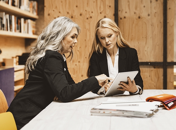 Two businesswomen meeting in a conference room.
