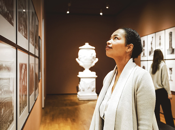 Woman in an art gallery looking at a piece of art on the wall