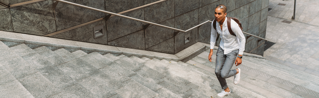Man walking up steps