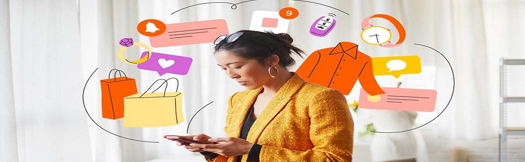 A young woman in business attire with glasses on her head looks at her cellphone. She is surrounded by cartoon representations of shopping, text notifications, and social media reactions.