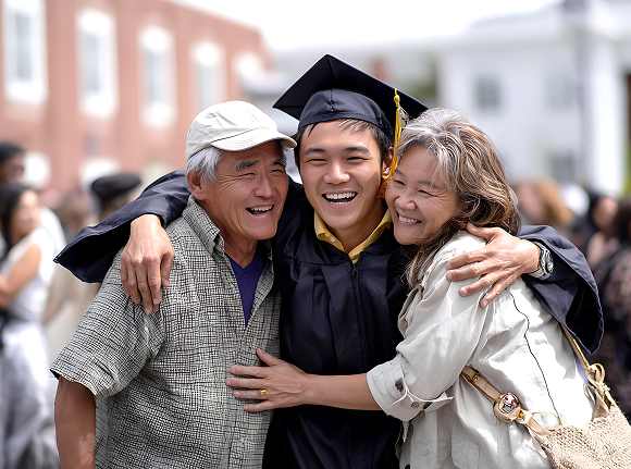 Graduate in cap and gown hugging two older adults at an outdoor graduation ceremony.