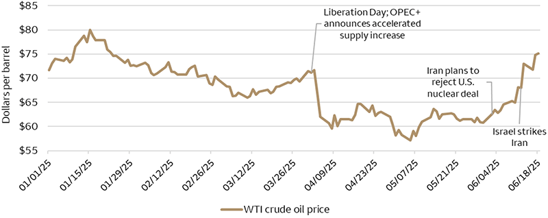 Oil prices have generally been in decline throughout 2025 year to date. The escalating conflict between Iran and Israel has caused this trend to reverse, with prices reaching $75.14 on June 18, up from $60.79 at the end of May.